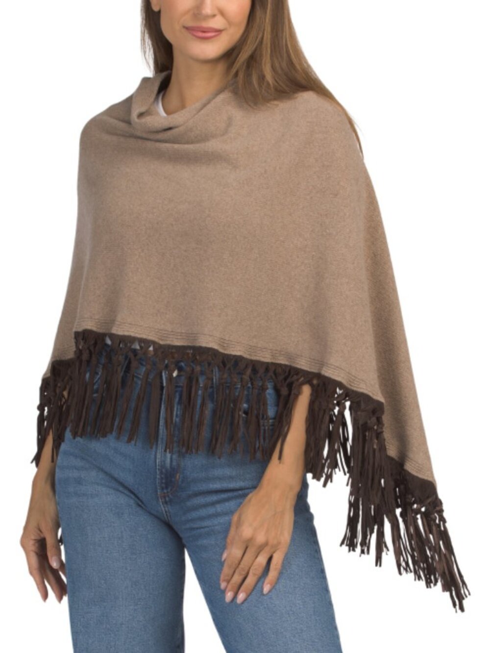 TESMA Made In Italy Cashmere And Wool Blend Poncho With Leather Fringe